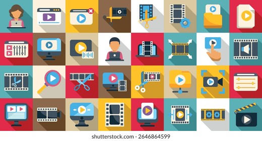  Video editor icons set. Video editing software and multimedia production icons showing post production process
