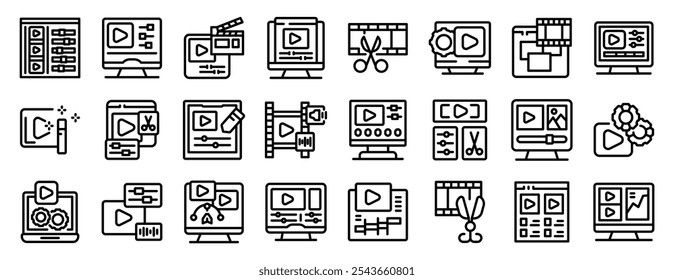 Video editor icons set. Essential icons for video editing software, representing various tools and functions for content creation and post production workflows