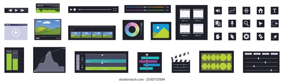 Ícones do editor de vídeo definidos. Conjunto de ícones e elementos de interface para software de edição de vídeo, com controles de reprodução, linha do tempo, mixador de áudio, ferramentas de correção de cores e várias outras funções