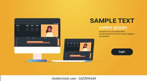 video editor laptop computer monitor with interface of application or software for editing blogging motion design studio concept horizontal copy space vector illustration