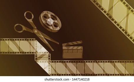 video editor. luxury transparent glass equipment of film movie creator for your make clip and make it online. tea color background style. vector illustration eps10 