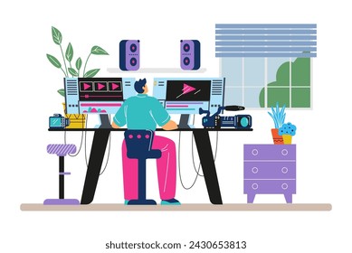 Video editor or maker creates movie or clip using software and computer. Video maker character at workplace, flat vector illustration isolated on white background.