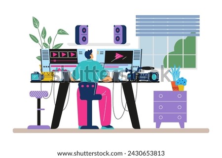 Video editor or maker creates movie or clip using software and computer. Video maker character at workplace, flat vector illustration isolated on white background.