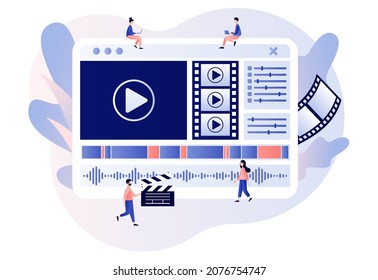 Video editor. Video maker online course. Tiny people footage editing and making multimedia content production. Studio filmmaking. Modern flat cartoon style. Vector illustration on white background