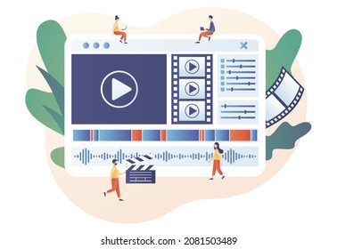 Video editor. Video maker online course. Studio filmmaking. Tiny people footage editing and making multimedia content production. Modern flat cartoon style. Vector illustration on white background