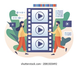 Video editor. Video maker online course. Tiny people footage editing and making multimedia content production. Studio filmmaking. Modern flat cartoon style. Vector illustration on white background