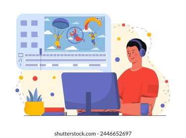 Video editor man. Young guy sitting at computer in headphones. Freelancer and remote worker edit video. Animator with online earnings. Cartoon flat vector illustration isolated on white background