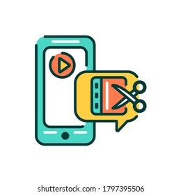 Video editor mobile application in smartphone color line icon. Pictogram for web page, mobile app, promo. UI UX GUI design element. Editable stroke