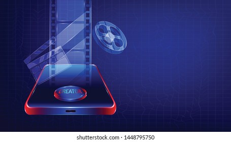 video editor on smartphone. luxury transparent glass equipment of film movie creator for your make clip and make it online. plaid background style. vector illustration eps10