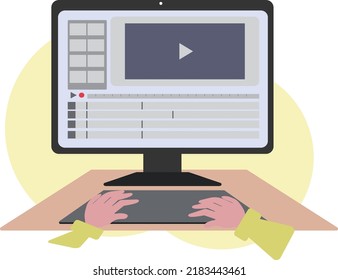 Editor de vídeo y PC. Escribiendo en el portátil. Ilustración del vector 