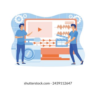 Video editor. Persons concept with camera work and footage editing. Multimedia content production for online video blog channel. Meeting hot news publishing deadlines. flat vector modern illustration