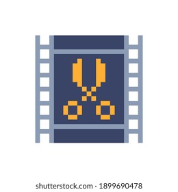 Video editor. Pixel art flat icon. Movie, cinema logo. Design for websites and mobile apps. 8-bit. Isolated vector illustration.