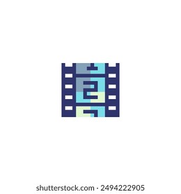 Video editor, pixel art flat icon, negative videotape, movie, cinema logo, cinematography tape. Design for websites, sticker, mobile apps. 8-bit. Isolated vector illustration.