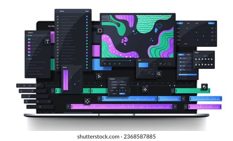 Video editor program concept. Workspace for freelancer and video editor. Software and application for computer. Abstract creativity and art. Modern technologies. Flat vector illustration