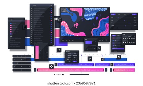 Video editor program concept. Workspace for freelancer and video editor. Software and application for computer. Display and screen with app. Template, layout and mock up. Flat vector illustration