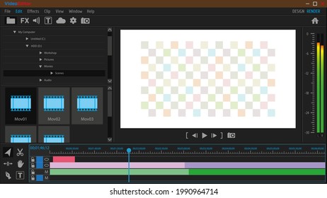 Video Editor. Program Interface. Overlay. Simulate The Transparency Of The Viewport. Template. Mock Up. Vector Illustration.