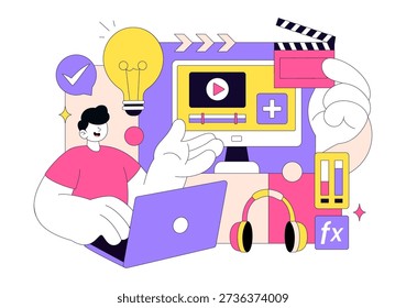 Video Editor Program Vector Illustration Featuring Video Editing Software for Creating Animated Movies and Clips in a Flat Style Background