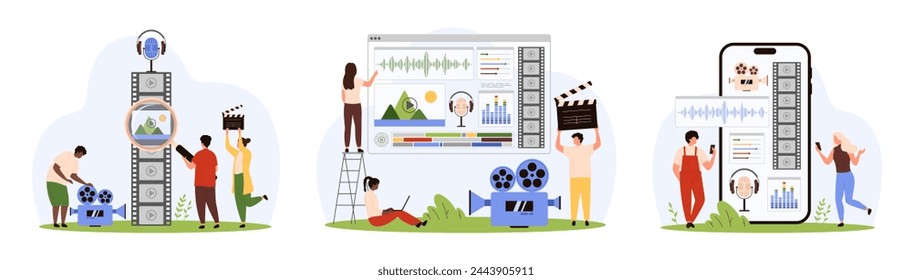 Video editor software and mobile app set. Tiny people edit timeline of film, montage composition and cut animation frames from movie, work with sound settings and effects cartoon vector illustration