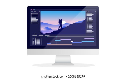 Video editor software on desktop computer - Screen with user interface and video being edited. Vector illustration