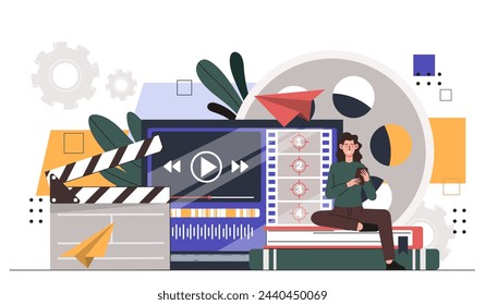 Video editor studio concept. Woman sitting near clapperboard. Movie and series production, film industry. Multimedia and brodcast. Cartoon flat vector illustration isolated on white background