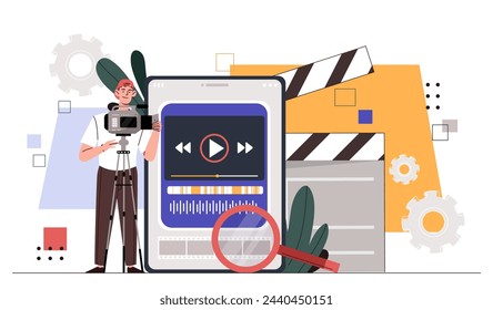 Video editor studio concept. Woman sitting near clapperboard. Movie and series production, film industry. Application and program, software. Poster or banner. Cartoon flat vector illustration