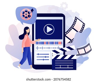 Video editor studio. Video maker online course. Tiny woman footage editing and making multimedia content production in smartphone app.Modern flat cartoon style. Vector illustration on white background