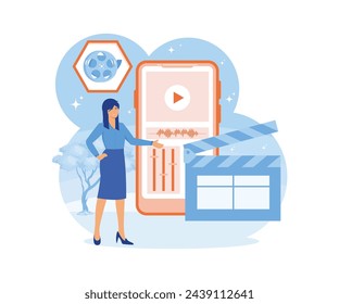 Video editor studio. Video maker online course. Tiny woman footage editing and making multimedia content production in smartphone app. flat vector modern illustration