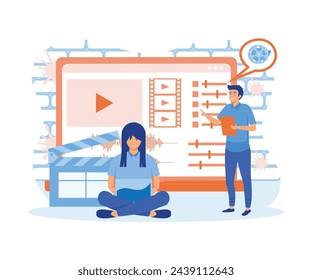 Video editor studio. Video maker online course. Tiny people footage editing and making multimedia content production in laptop app. flat vector modern illustration