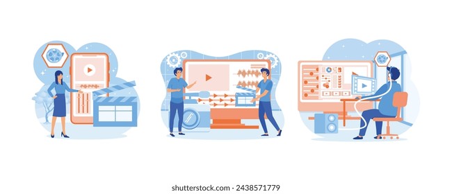 Video editor studio. Persons concept with camera work and footage editing. Multimedia content production and footage editing. Set flat vector modern illustration 