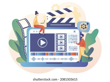 Video editor studio. Tiny people footage editing and making multimedia content production in laptop app. Video maker online course. Modern flat cartoon style. Vector illustration on white background