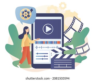 Video editor studio. Tiny woman footage editing and making multimedia content production in smartphone app. Video maker online. Modern flat cartoon style. Vector illustration on white background