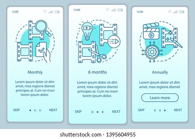 Video editor subscription onboarding mobile app page screen vector template. Monthly or annually tariffs. Walkthrough website steps with linear illustrations. UX, UI, GUI smartphone interface concept