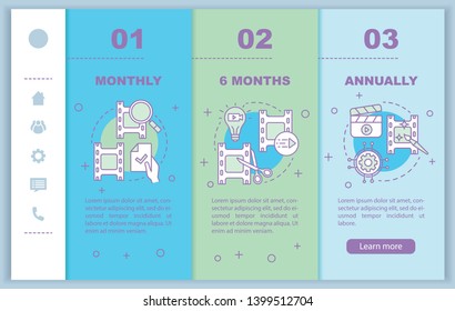 Video editor subscription onboarding mobile web pages vector template. Monthly tariff. Responsive smartphone website interface idea, illustrations. Webpage walkthrough step screens. Color concept