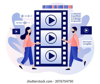 Video editor. Tiny people footage editing and making multimedia content production. Video maker online course. Studio filmmaking. Modern flat cartoon style. Vector illustration on white background