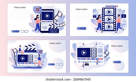 Video editor. Tiny people making multimedia content production and footage editing. Video maker. Screen template for landing page, template, ui, web, mobile app, poster, banner, flyer. Vector 