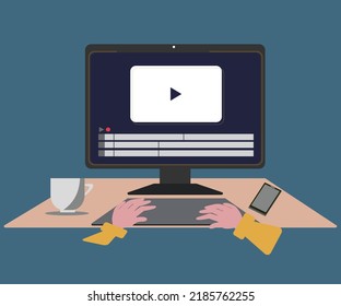 Video  editor. Typing on laptop. Vector illustration 