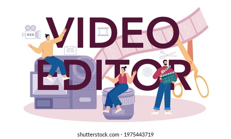 Video editor typographic header. Motion designer create computer animation for multimedia project. Animation editor, cartoon production. Vector illustration