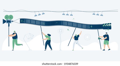 Video editor working with video clips web template, cartoon style Screen web template for mobile phone, landing page, template, UI, web, mobile app, poster, banner, flat Vector illustration