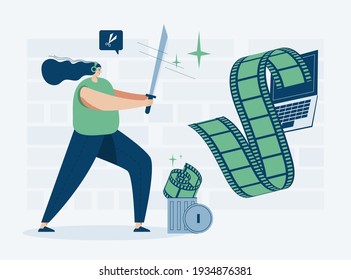 Video editor working with video clips web template, cartoon style Screen web template for mobile phone, landing page, template, UI, web, mobile app, poster, banner, flat Vector illustration