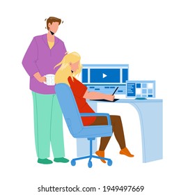 Video Editor Working On Laptop At Workplace Vector. Young Man And Woman Couple Video Editor Work Together And Editing Film Or Clip. Characters Movie Production Flat Cartoon Illustration