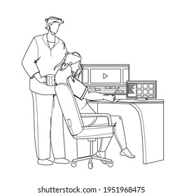 Video Editor Working On Laptop At Workplace Black Line Pencil Drawing Vector. Young Man And Woman Couple Video Editor Work Together And Editing Film Or Clip. Characters Movie Production Illustration