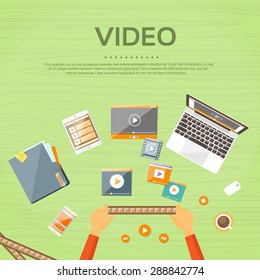 Video Editor Workplace Hands Laptop Player Flat Vector Illustration