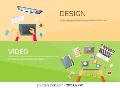 Illustration zur flachen Vektorillustration von Video Editor Workplace Hands für Notebook-Player-Webbanner-Set