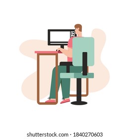 El editor de vídeo trabaja en una computadora sentada en la mesa aislada. Producción de video de películas, estudio de producción de películas, proceso de edición de video. Ilustración vectorial del trabajo en la industria creativa, cinematografía