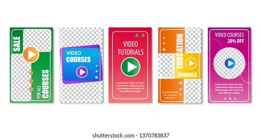 Video Education Courses and Tutorials Sale Set of Templates Vector Illustration. Watching Visual and Audio Recording Materials. Learning with Technology. Up to Date Methods of Getting Knowledge.