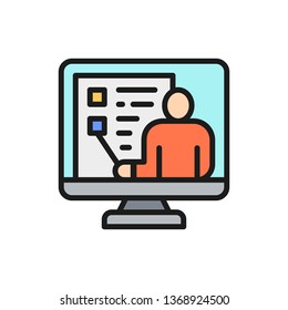 Video education, webinar, web conference, online support flat color line icon.