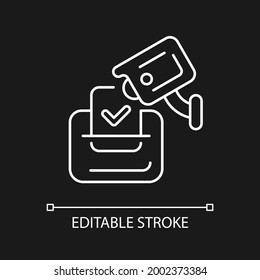 Video election observation white linear icon for dark theme. Monitoring polling stations. Thin line customizable illustration. Isolated vector contour symbol for night mode. Editable stroke