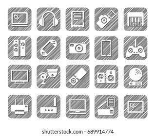 Video electronics, audio electronics, icons, grey, shading, vector. Pictures of gadgets, games consoles and audio equipment. Hatch grey pencil simulation.  