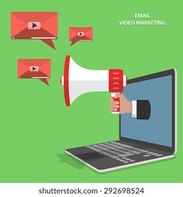 Video email marketing flat isometric vector concept. Mans hand with megaphone appeared from laptop and sends video emails.