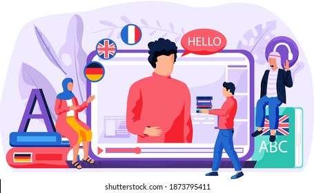 Video english lesson. Online language courses with native speaker. Man holding colorful folders. Guy raising his hand. Teacher on the screen says hello. Arabian woman explaining video on background